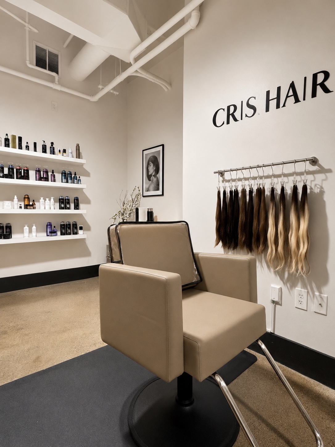 CRIS HAIR styling chair with the studio logo, extension display, and product shelves